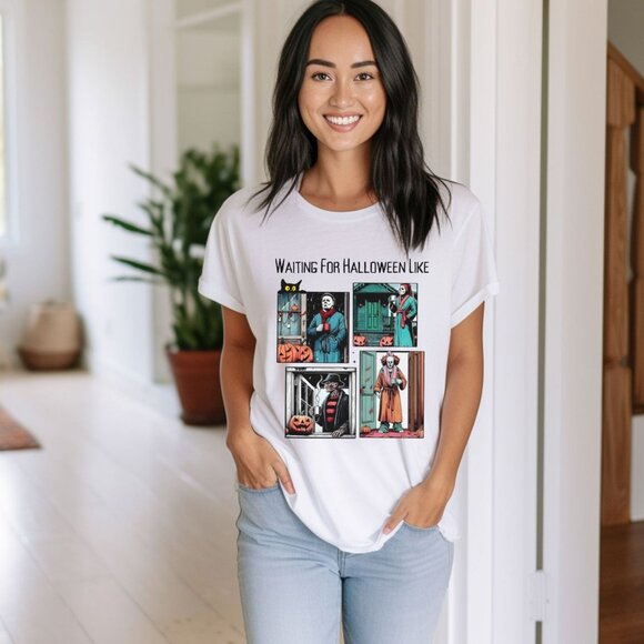 Waiting For Halloween Shirt Woman's Retro Horror Halloween Spooky Season Top - Picture 2 of 5